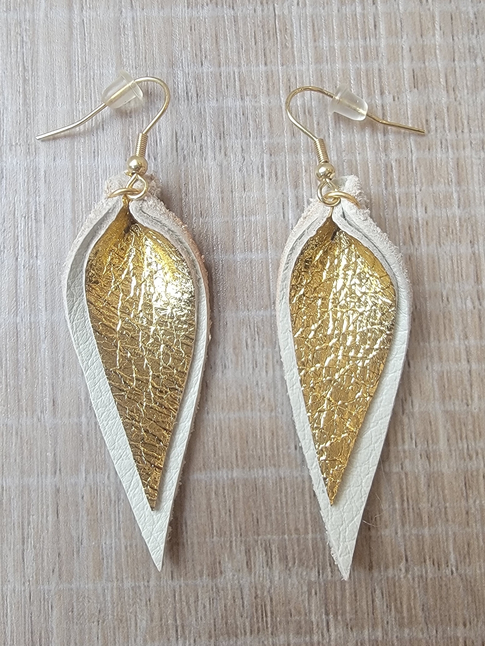 VintageVallure Leather Pinched Leaf Earrings Ivory Gold Small Boho